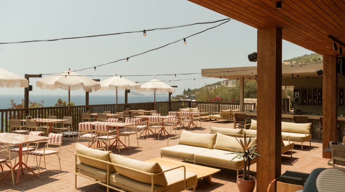 Outdoor restaurant terrace and relaxed seating at Asfiya Sea View Hotel in Kalkan